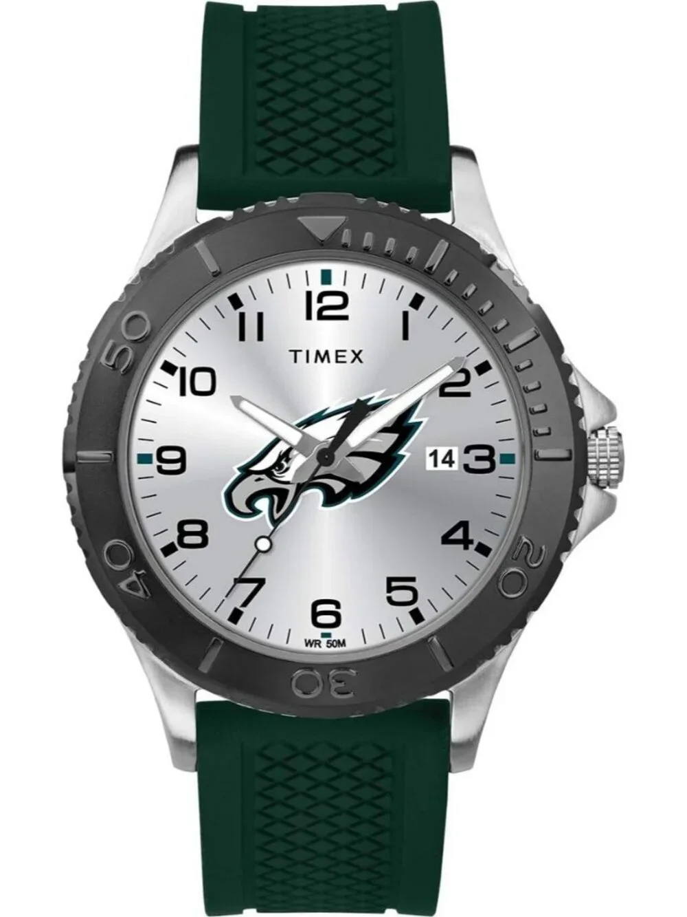 Men Silver Green Rubber Band Analog NFL Gamer Philadelphia Eagles Luminant Watch